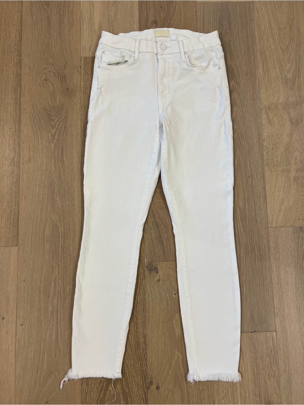 Mother High Waisted Looker Ankle Fray White Jeans with Raw Hem